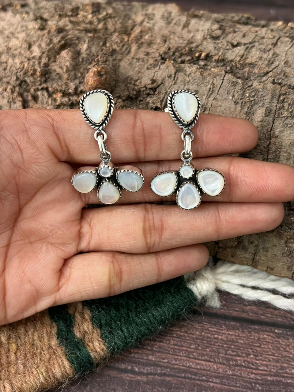 Handmade Sterling Silver Wedding Collection: Mother of Pearl Post Dangle Earrings "Signed Nizhoni"