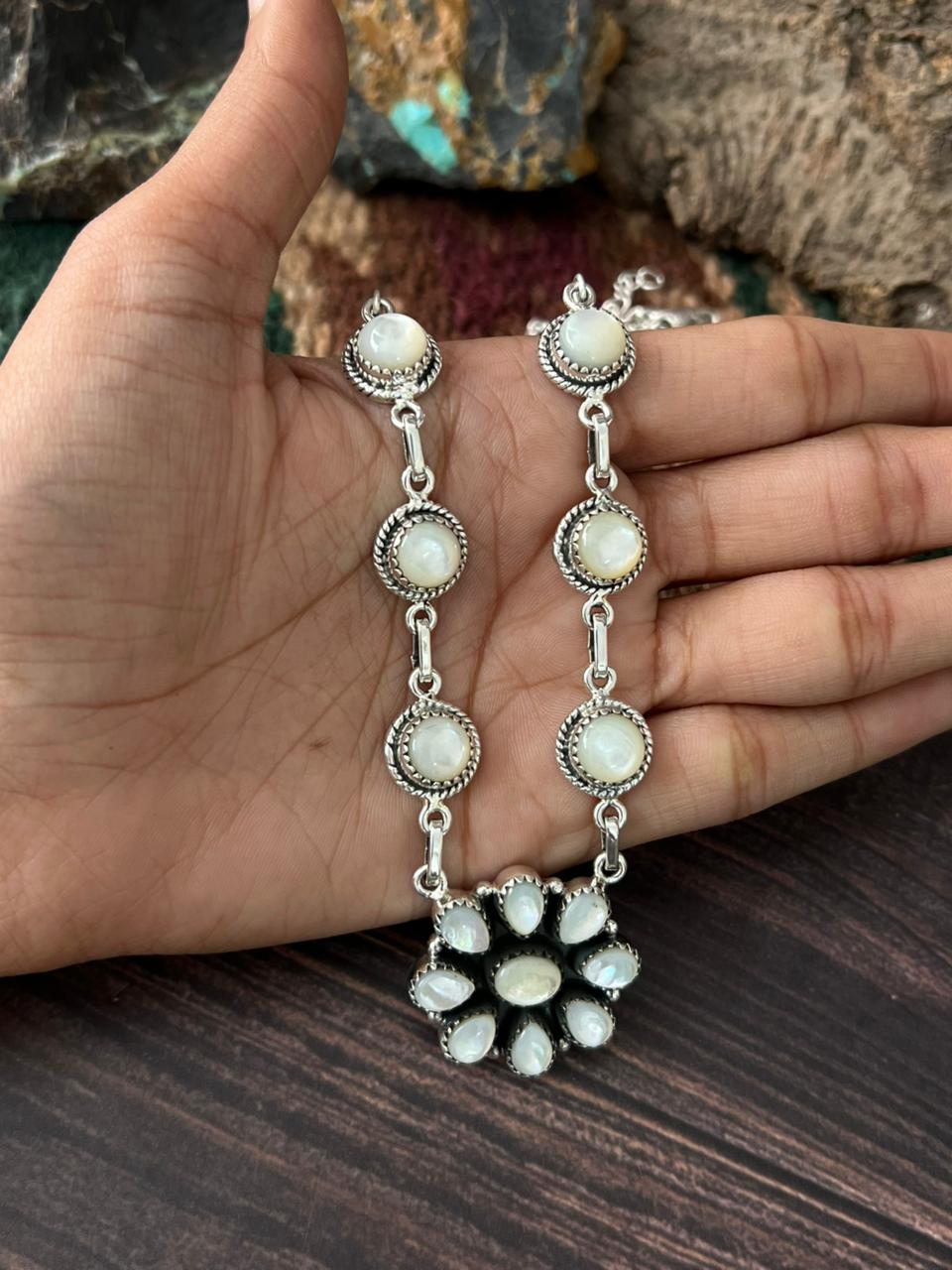 Handmade Sterling Silver Wedding Collection: Mother of Pearl Necklace "Signed Nizhoni"