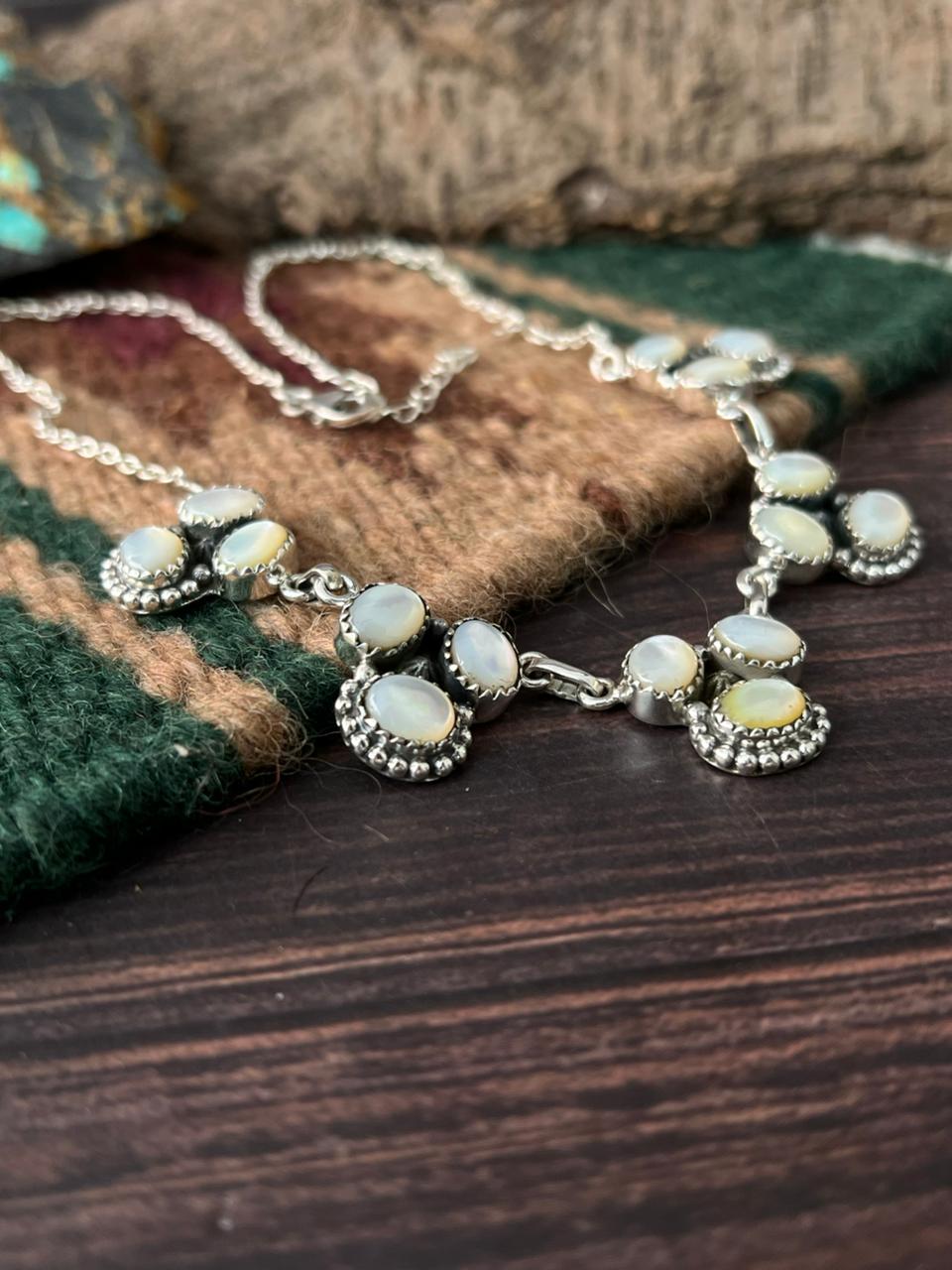 Handmade Sterling Silver Wedding Collection: Mother of Pearl Necklace "Signed Nizhoni"