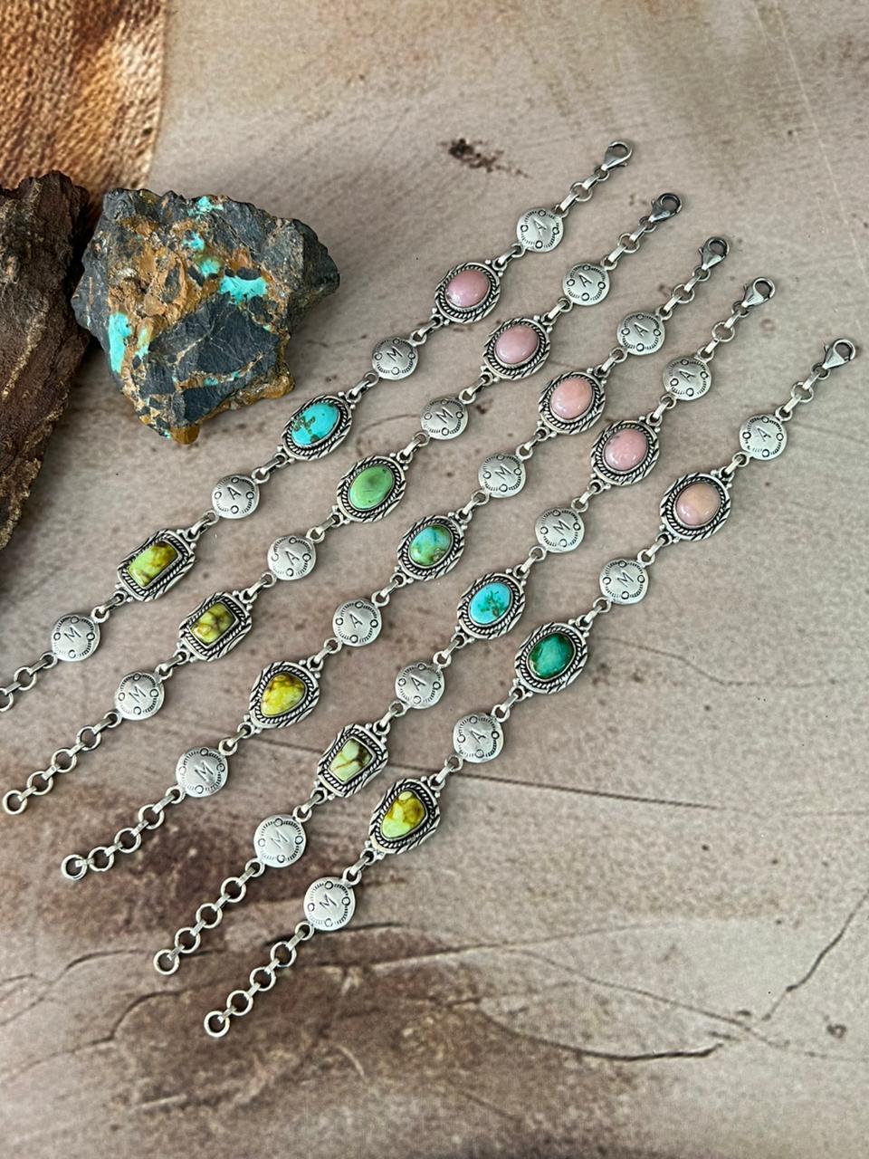 Handmade Sterling Silver Mama Collection: Pink Opal with Sonoran Mountain and Palomino Turquoise Bracelet "Signed Nizhoni"
