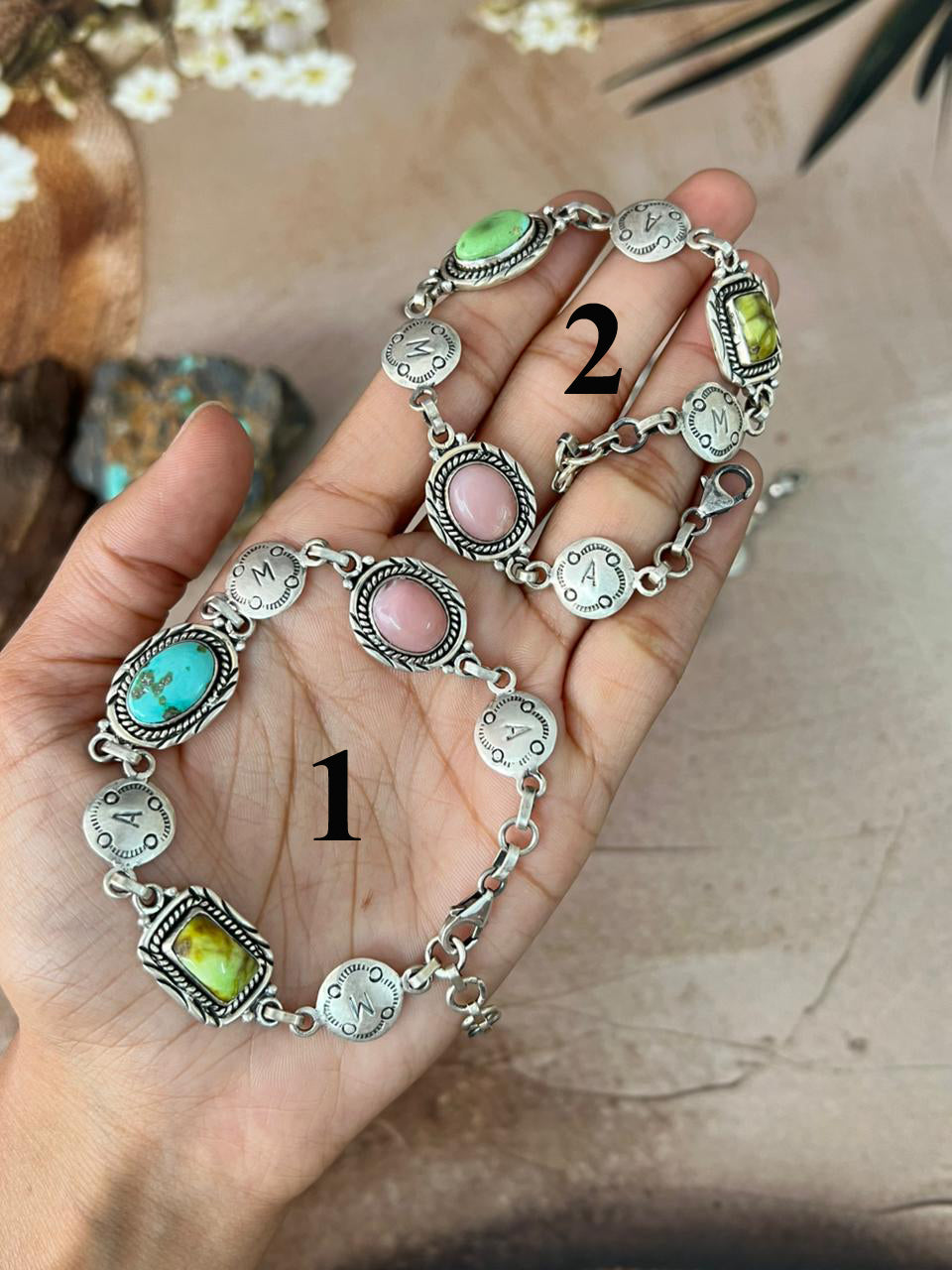 Handmade Sterling Silver Mama Collection: Pink Opal with Sonoran Mountain and Palomino Turquoise Bracelet "Signed Nizhoni"