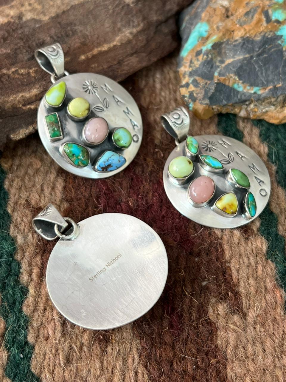 Handmade Sterling Silver Mama Collection: Pink Opal with Sonoran, Golden Hills and Palomino Turquoise Pendant "Signed Nizhoni"