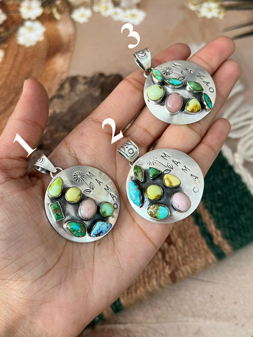 Handmade Sterling Silver Mama Collection: Pink Opal with Sonoran, Golden Hills and Palomino Turquoise Pendant "Signed Nizhoni"
