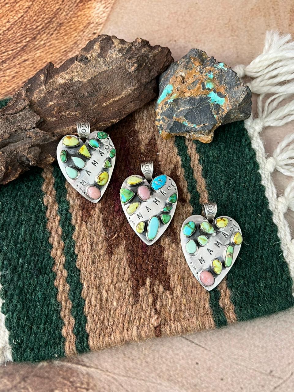 Handmade Sterling Silver Mama Collection: Pink Opal with Sonoran, White Water, Paloma and Palomino Turquoise Pendant "Signed Nizhoni"