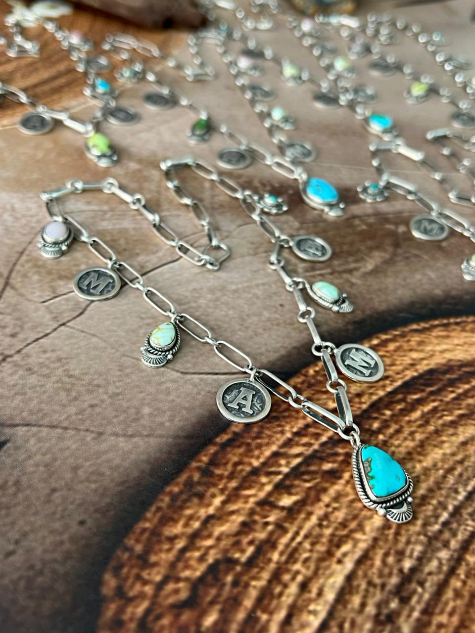 Handmade Sterling Silver Mama Collection: Pink Opal with Sonoran Mountain, Paloma and Palomino Turquoise Necklace "Signed Nizhoni"