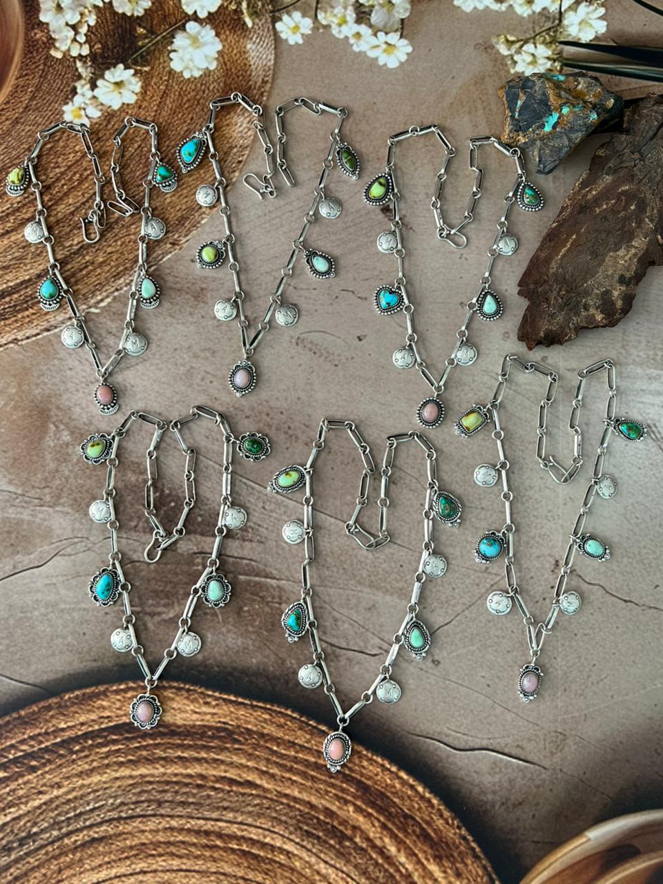 Handmade Sterling Silver Mama Collection: Pink Opal with Sonoran Mountain, Paloma and Palomino Turquoise  Necklace "Signed Nizhoni"