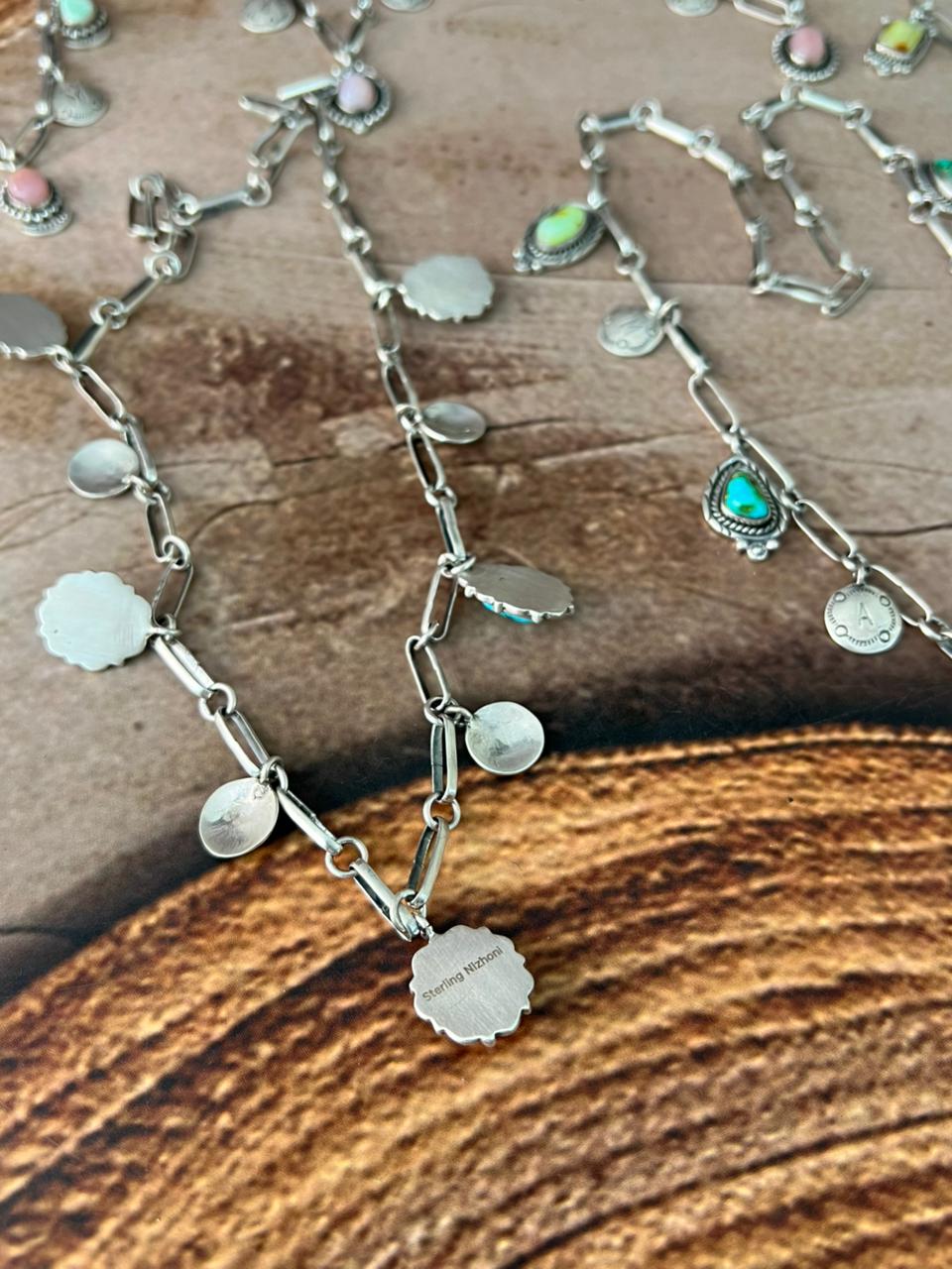 Handmade Sterling Silver Mama Collection: Pink Opal with Sonoran Mountain, Paloma and Palomino Turquoise  Necklace "Signed Nizhoni"