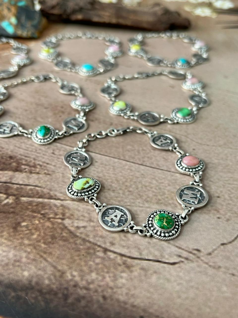 Handmade Sterling Silver Mama Collection: Pink Opal with Sonoran Mountain and Palomino Turquoise Bracelet "Signed Nizhoni"