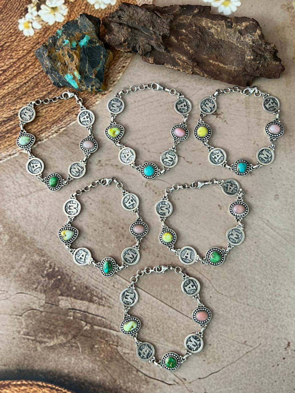 Handmade Sterling Silver Mama Collection: Pink Opal with Sonoran Mountain and Palomino Turquoise Bracelet "Signed Nizhoni"