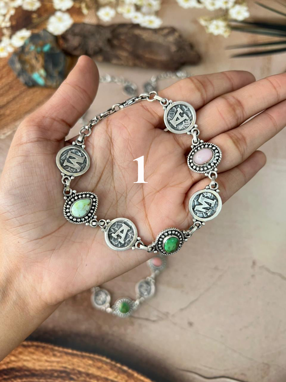 Handmade Sterling Silver Mama Collection: Pink Opal with Sonoran Mountain and Palomino Turquoise Bracelet "Signed Nizhoni"
