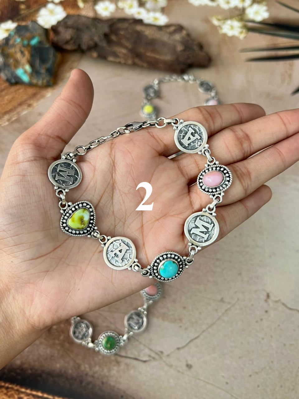 Handmade Sterling Silver Mama Collection: Pink Opal with Sonoran Mountain and Palomino Turquoise Bracelet "Signed Nizhoni"
