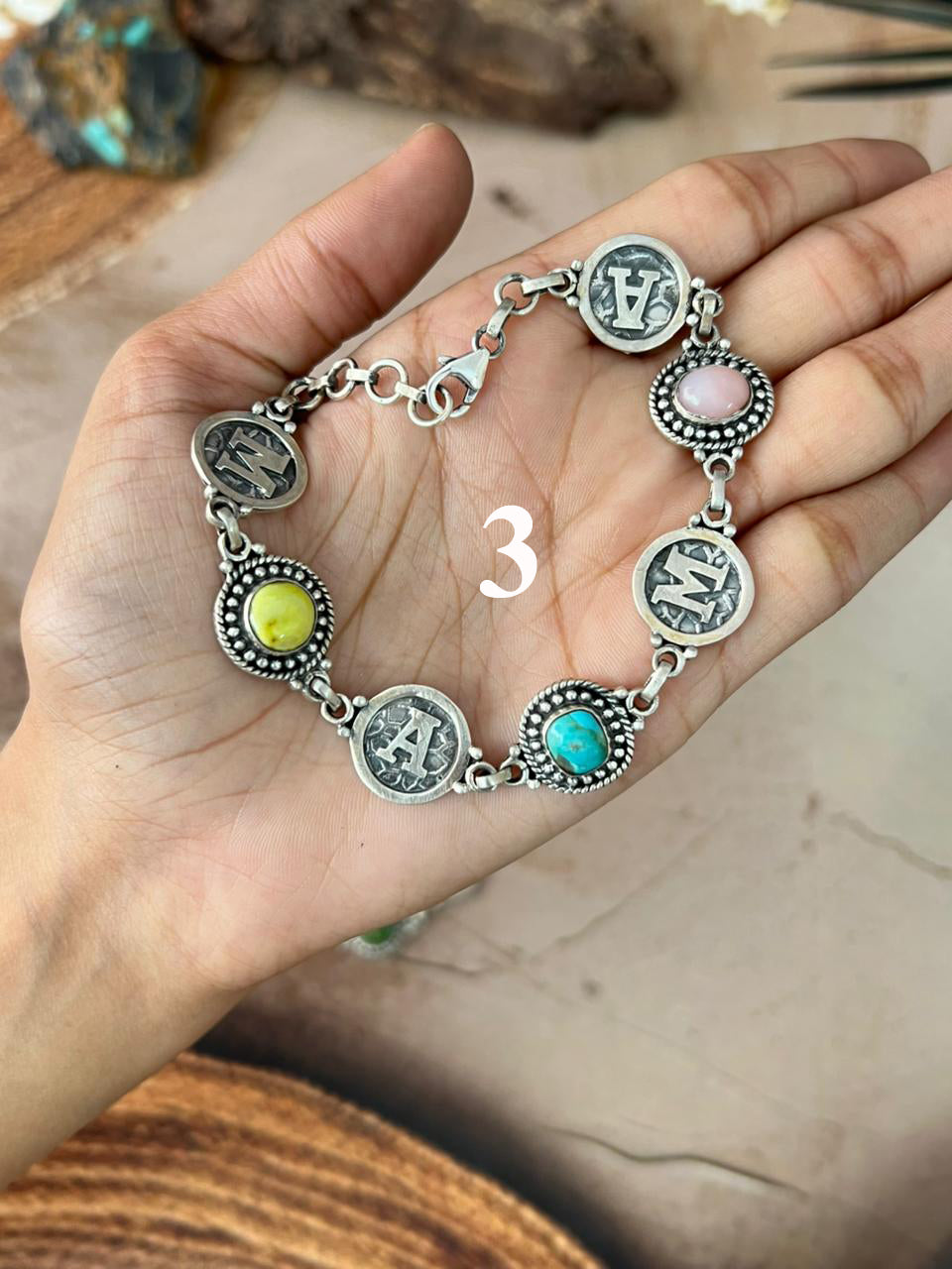 Handmade Sterling Silver Mama Collection: Pink Opal with Sonoran Mountain and Palomino Turquoise Bracelet "Signed Nizhoni"