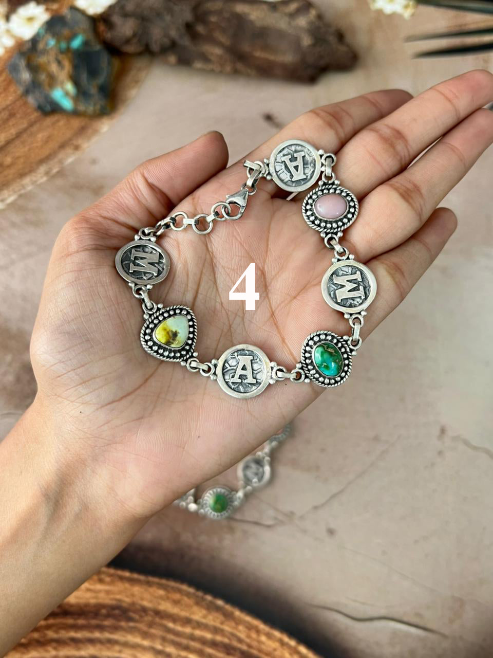 Handmade Sterling Silver Mama Collection: Pink Opal with Sonoran Mountain and Palomino Turquoise Bracelet "Signed Nizhoni"