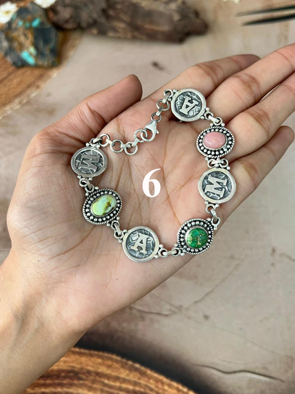 Handmade Sterling Silver Mama Collection: Pink Opal with Sonoran Mountain and Palomino Turquoise Bracelet "Signed Nizhoni"