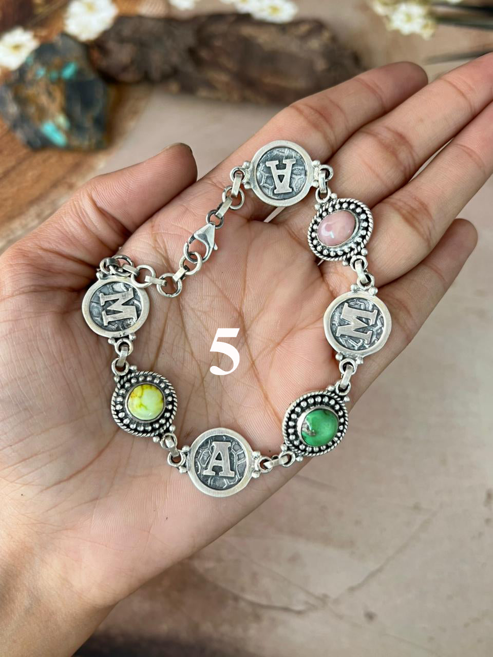 Handmade Sterling Silver Mama Collection: Pink Opal with Sonoran Mountain and Palomino Turquoise Bracelet "Signed Nizhoni"