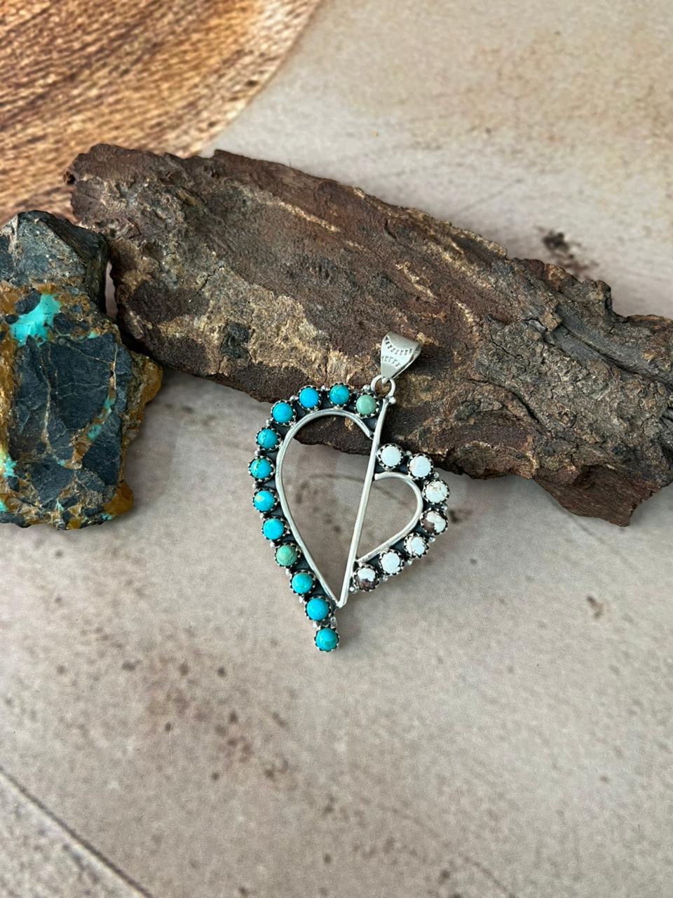 Handmade Sterling Silver Mama Collection: Kingman Turquoise with Wild horse Magnesite Heart Pendant "Signed Nizhoni"