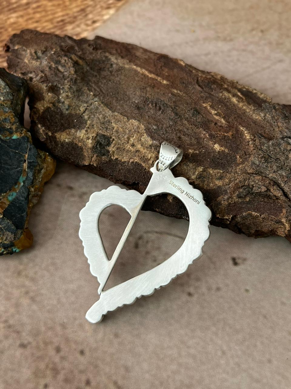 Handmade Sterling Silver Mama Collection: Kingman Turquoise with Wild horse Magnesite Heart Pendant "Signed Nizhoni"