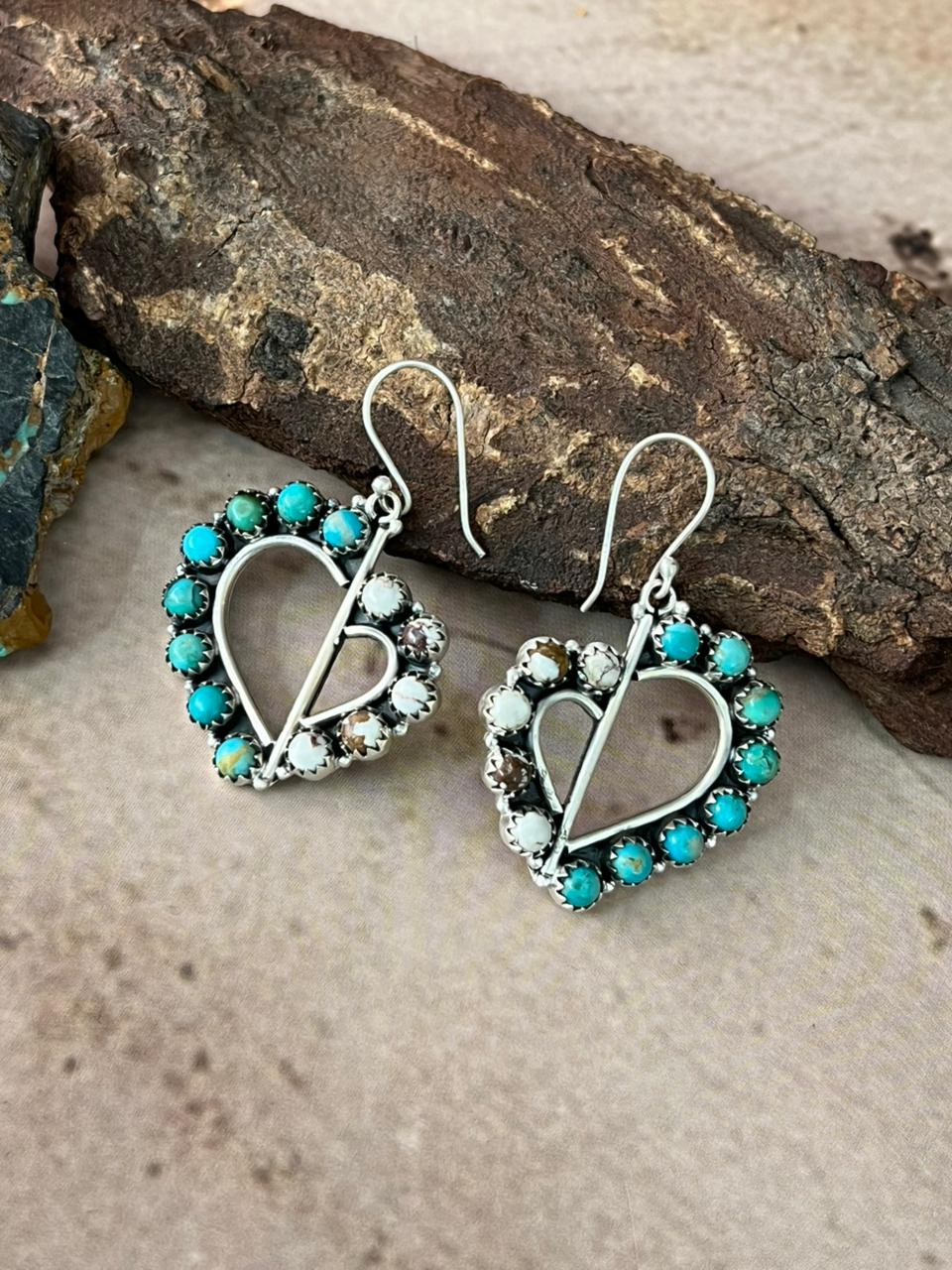 Handmade Sterling Silver Mama Collection: Wild horse Magnesite with Kingman Turquoise Hook Dangle Heart Earrings "Signed Nizhoni"