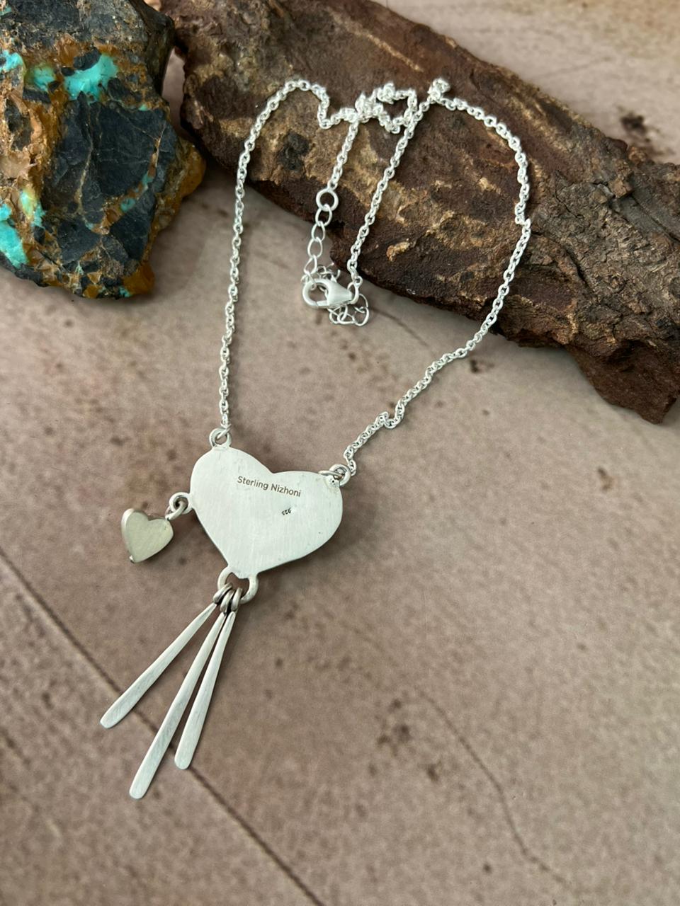Handmade Sterling Silver Mama Collection: Wild horse Magnesite with Kingman Turquoise Heart Necklace "Signed Nizhoni"