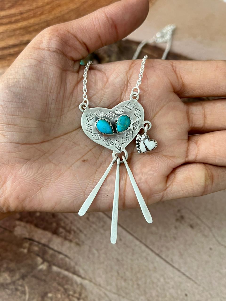Handmade Sterling Silver Mama Collection: Wild horse Magnesite with Kingman Turquoise Heart Necklace "Signed Nizhoni"