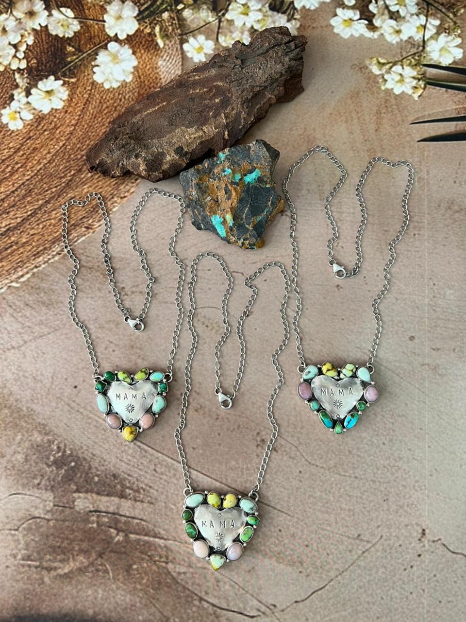 Handmade Sterling Silver Mama Collection: Pink Opal with Sonoran Mountain and Palomino Turquoise  Necklace "Signed Nizhoni"