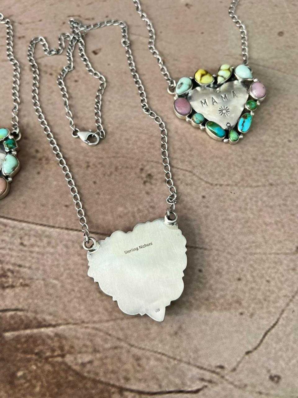Handmade Sterling Silver Mama Collection: Pink Opal with Sonoran Mountain and Palomino Turquoise  Necklace "Signed Nizhoni"