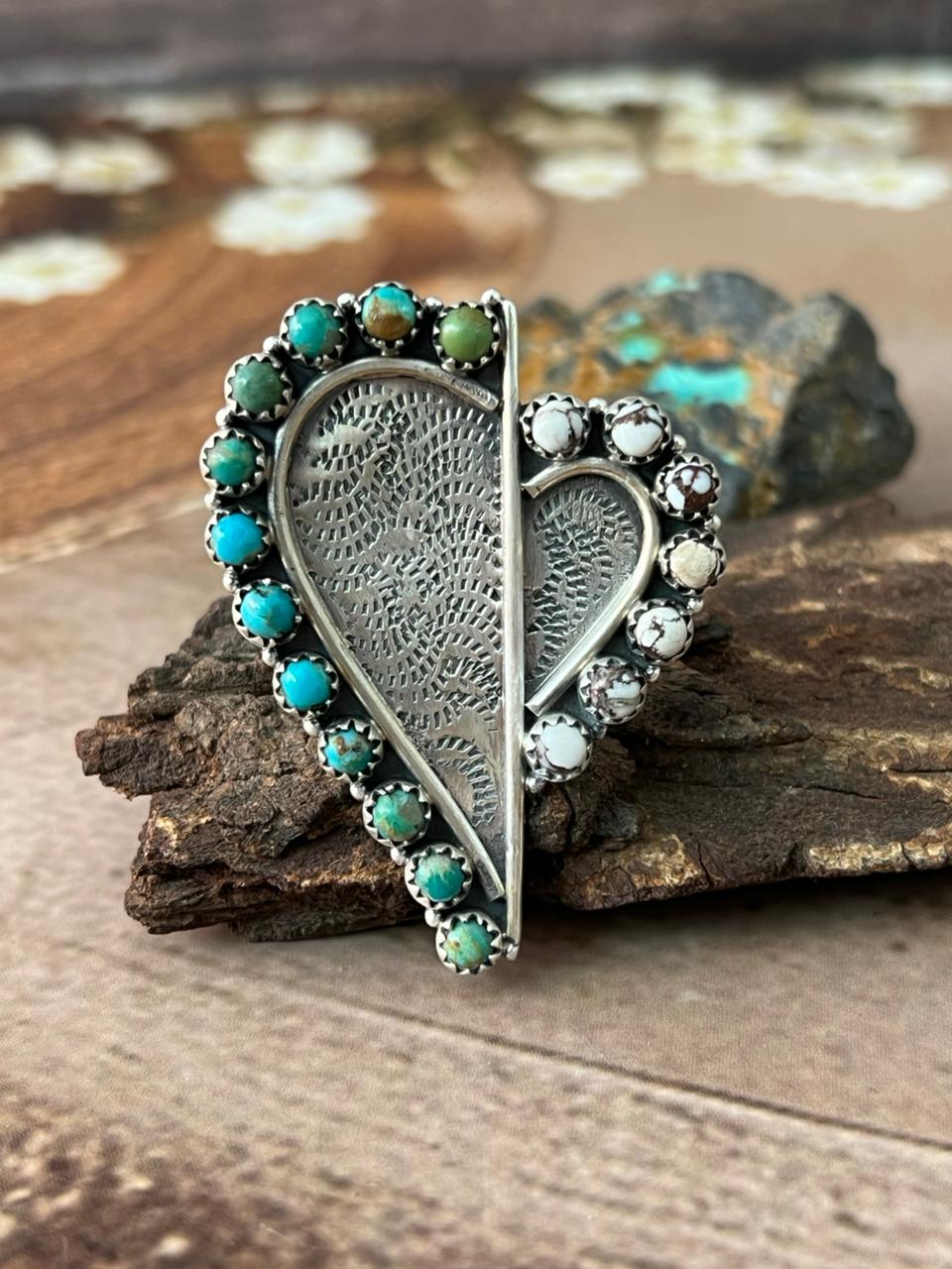 Handmade Sterling Silver Mama Collection: Wild horse Magnesite with Kingman Turquoise Adjustable Rings "Signed Nizhoni"