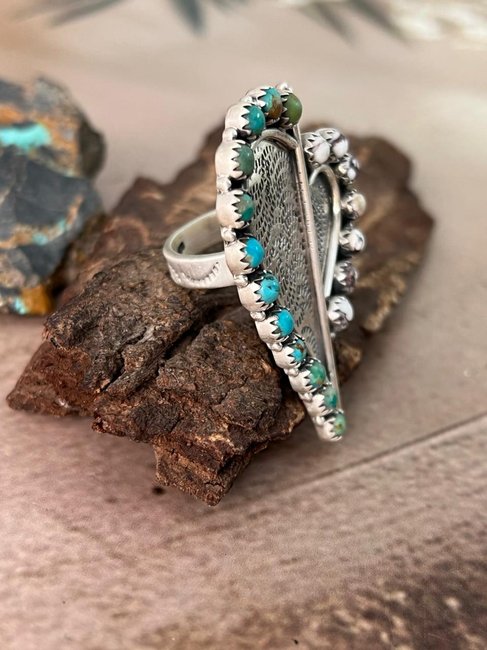 Handmade Sterling Silver Mama Collection: Wild horse Magnesite with Kingman Turquoise Adjustable Rings "Signed Nizhoni"
