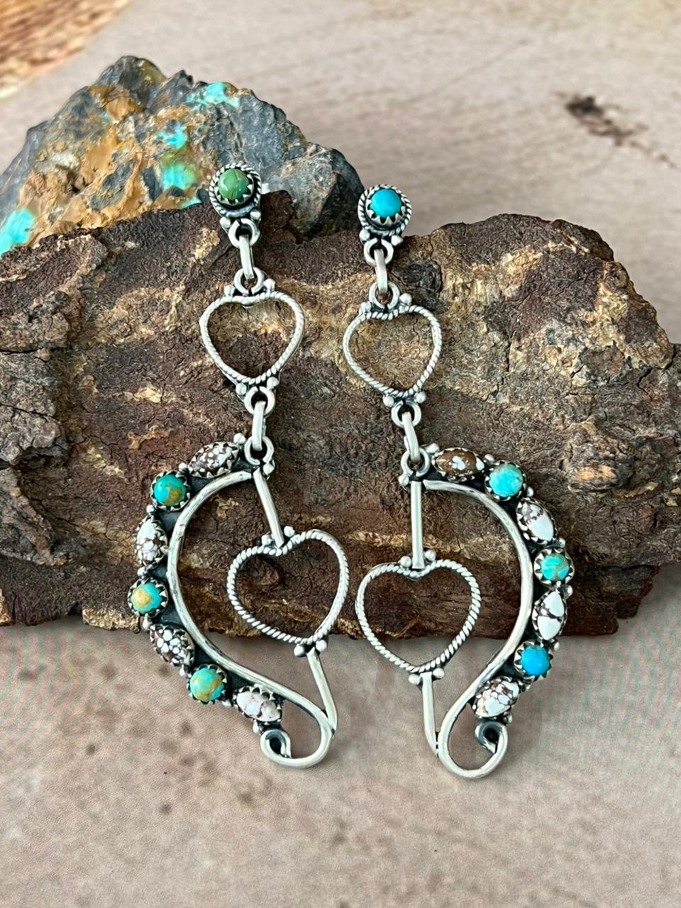 Handmade Sterling Silver Mama Collection: Wild horse Magnesite with Kingman Turquoise Post Dangle Earrings "Signed Nizhoni"