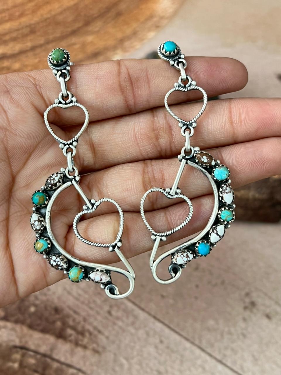 Handmade Sterling Silver Mama Collection: Wild horse Magnesite with Kingman Turquoise Post Dangle Earrings "Signed Nizhoni"