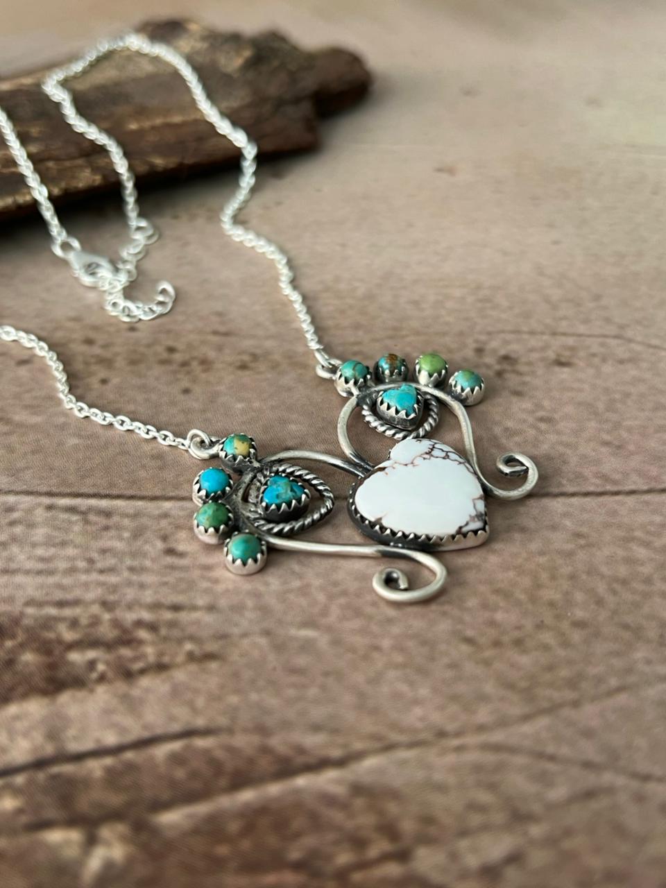 Handmade Sterling Silver Mama Collection: Wild horse Magnesite with Kingman Turquoise Necklace "Signed Nizhoni"