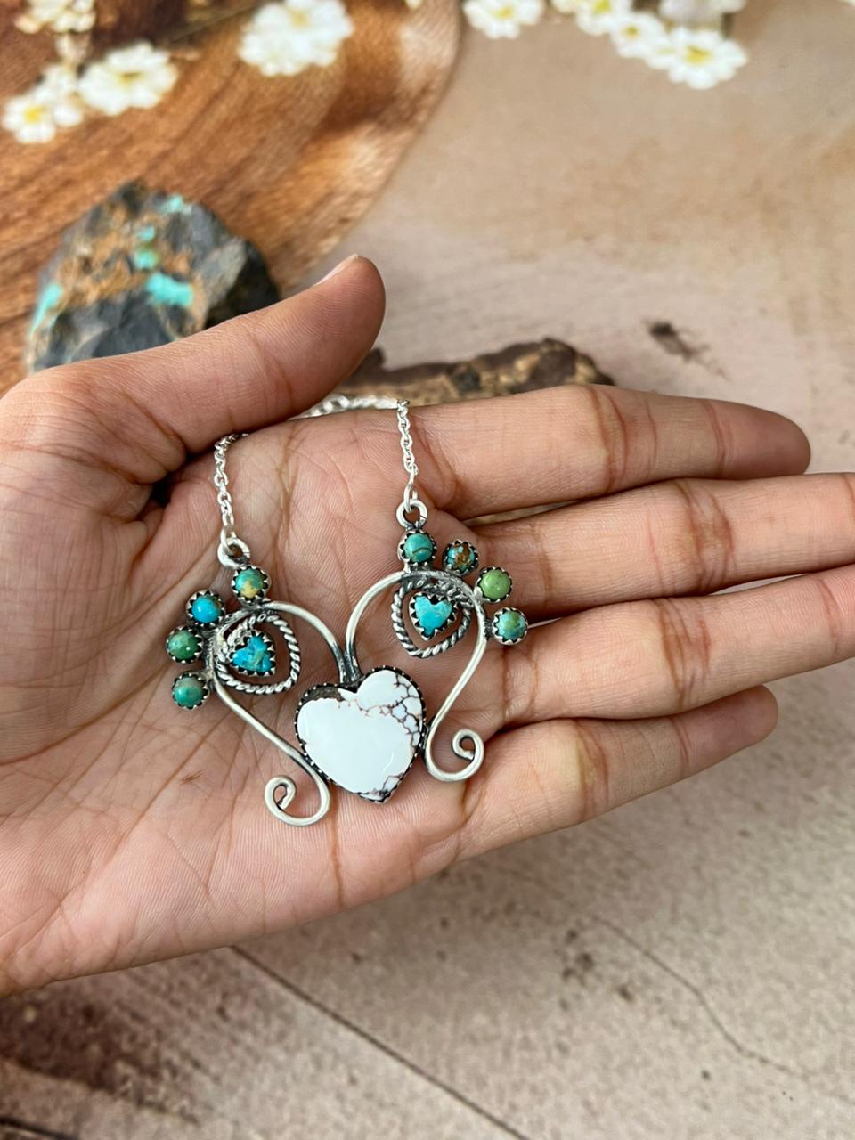 Handmade Sterling Silver Mama Collection: Wild horse Magnesite with Kingman Turquoise Necklace "Signed Nizhoni"