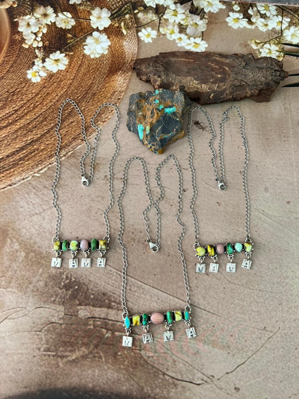 Handmade Sterling Silver Mama Collection: Pink Opal with Sonoran Mountain, Golden Hills and Palomino Turquoise "Signed Nizhoni"