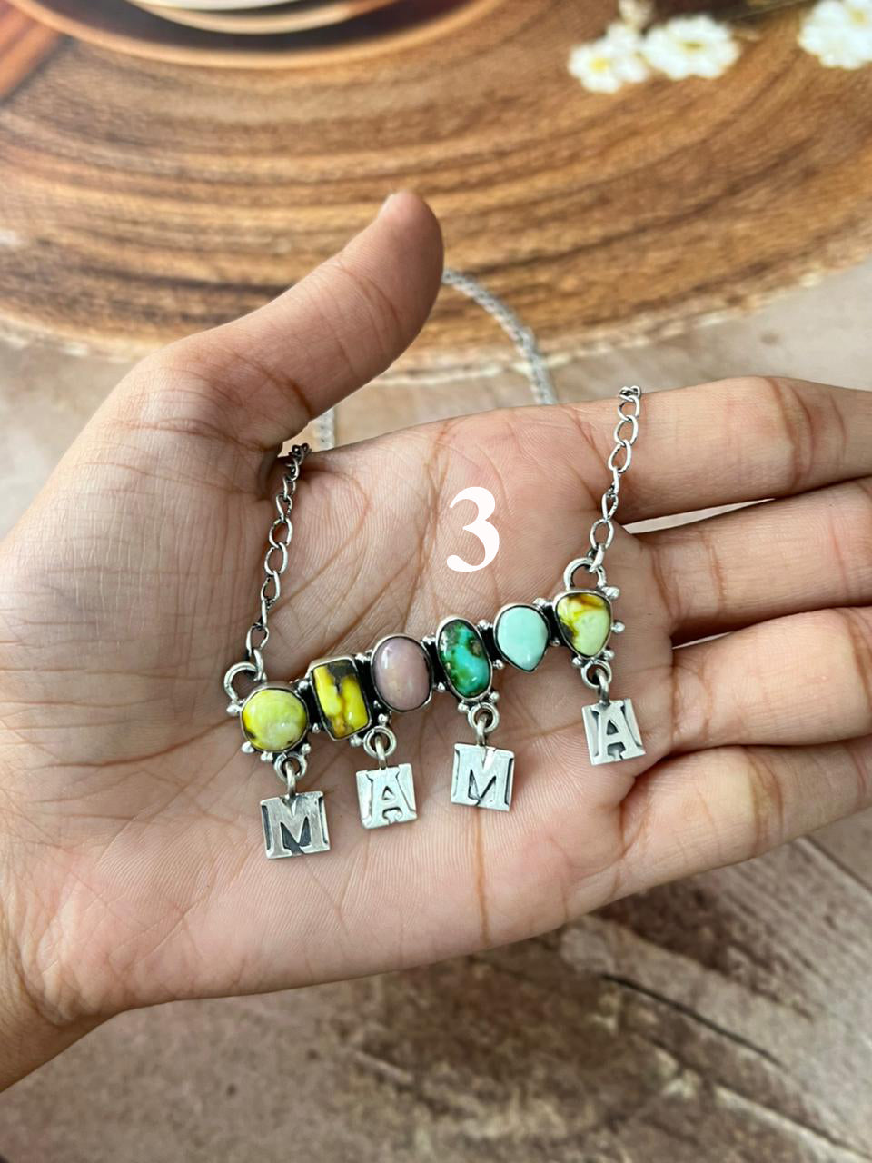 Handmade Sterling Silver Mama Collection: Pink Opal with Sonoran Mountain, Golden Hills and Palomino Turquoise "Signed Nizhoni"