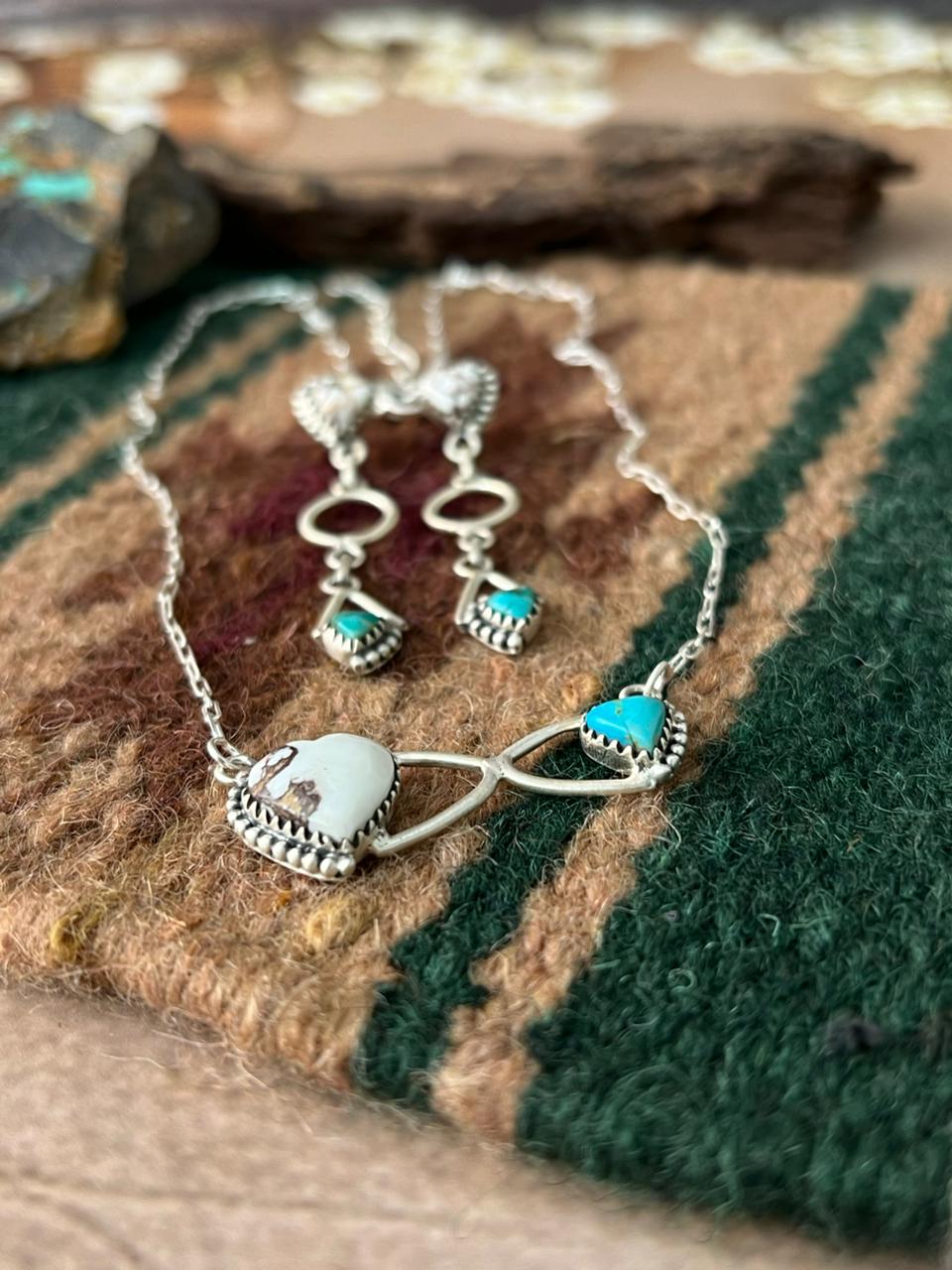 Handmade Sterling Silver Mama Collection: Wild horse Magnesite with Kingman Turquoise Infinity Necklace Earrings Set "Signed Nizhoni"
