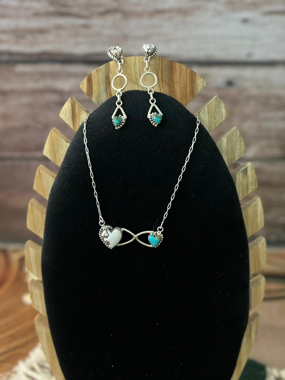 Handmade Sterling Silver Mama Collection: Wild horse Magnesite with Kingman Turquoise Infinity Necklace Earrings Set "Signed Nizhoni"