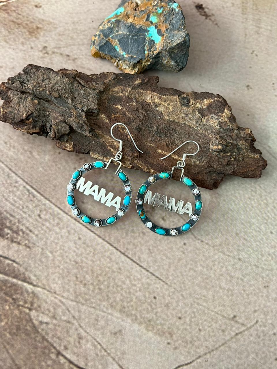 Handmade Sterling Silver Mama Collection: Kingman Turquoise with Wild horse Magnesite Hoop Dangle Earrings