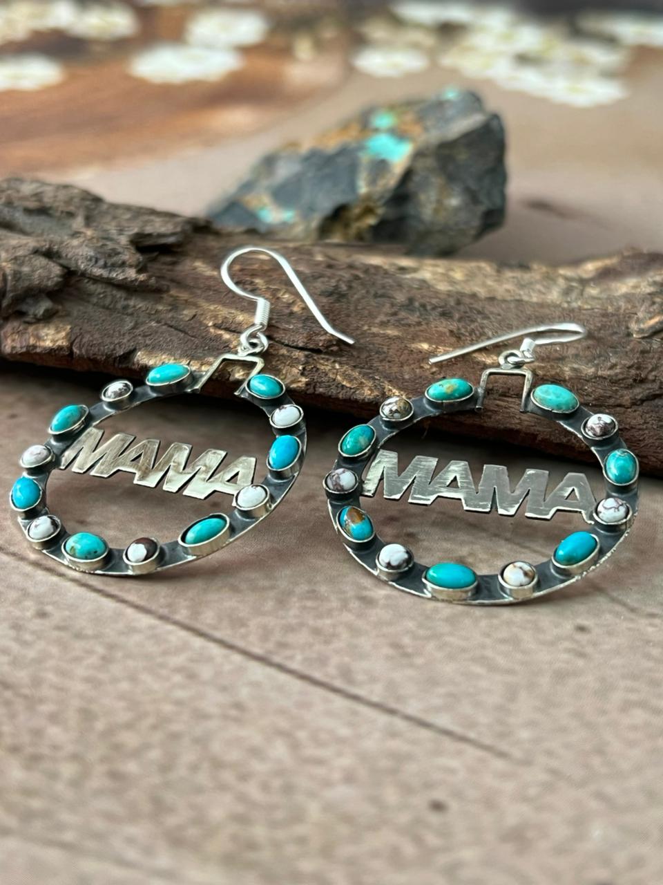 Handmade Sterling Silver Mama Collection: Kingman Turquoise with Wild horse Magnesite Hoop Dangle Earrings