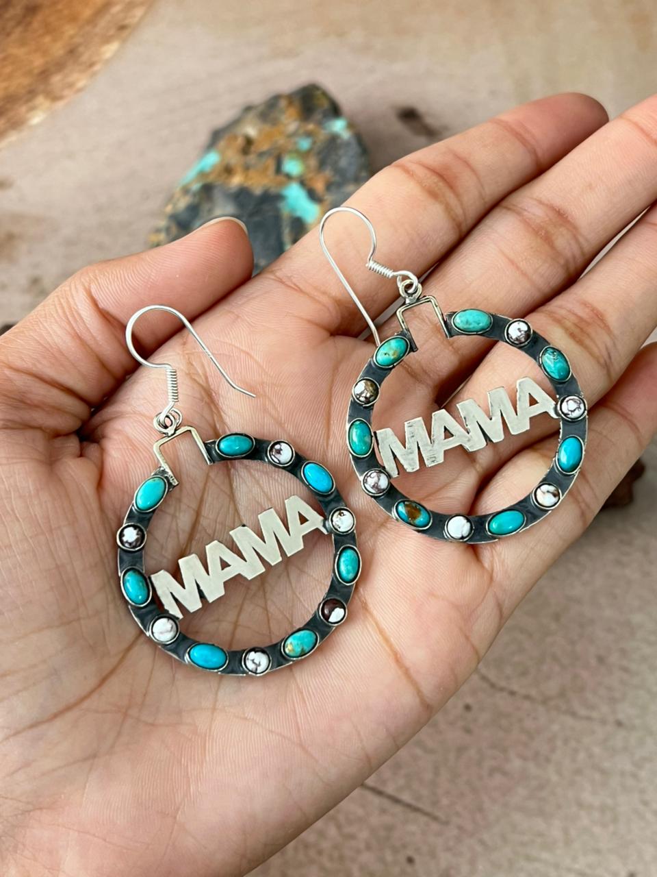 Handmade Sterling Silver Mama Collection: Kingman Turquoise with Wild horse Magnesite Hoop Dangle Earrings