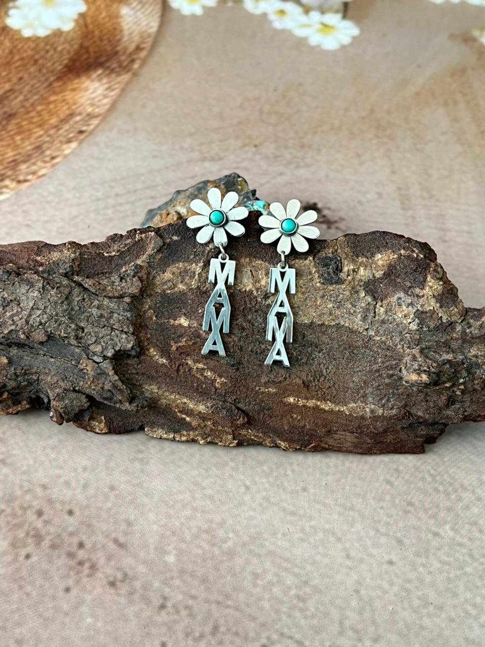 Handmade Sterling Silver Mama Collection: Kingman Turquoise Post Dangle Flower Earrings