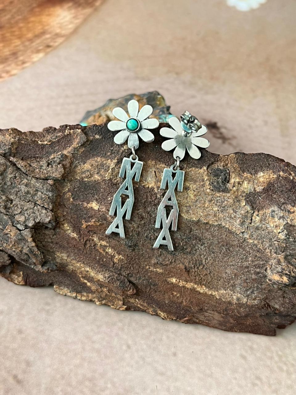 Handmade Sterling Silver Mama Collection: Kingman Turquoise Post Dangle Flower Earrings