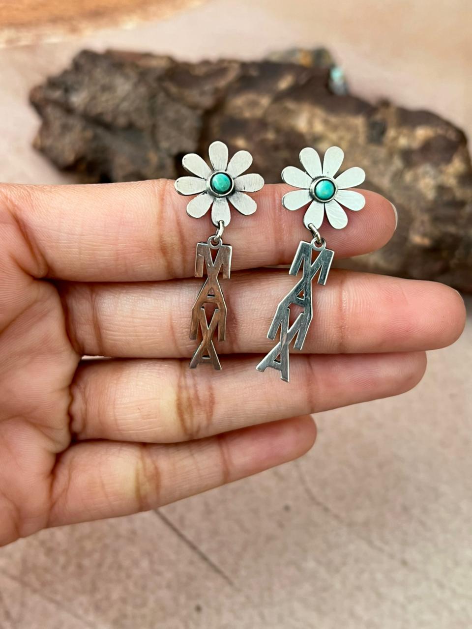 Handmade Sterling Silver Mama Collection: Kingman Turquoise Post Dangle Flower Earrings