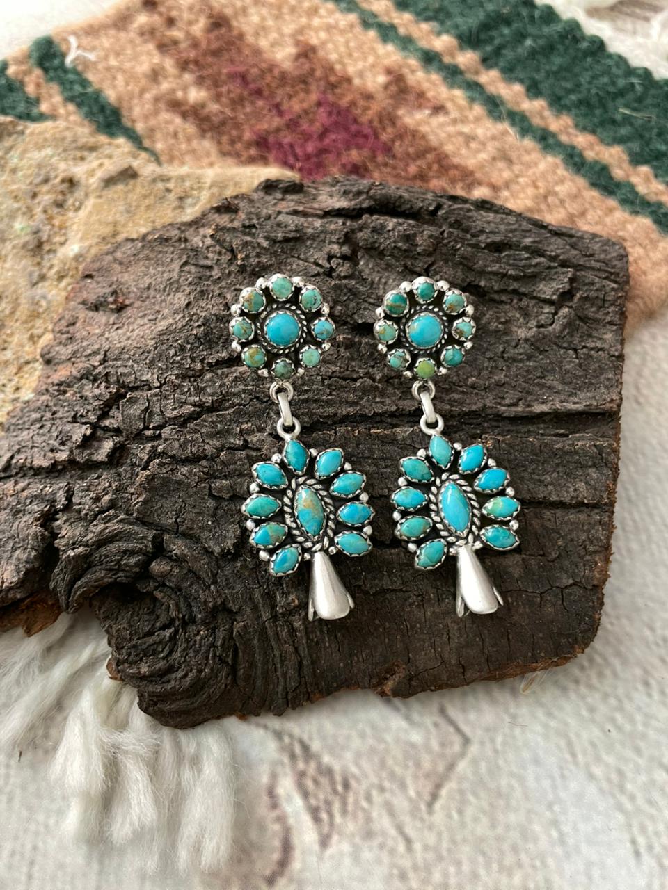 Handmade Sterling Silver Kingaman Turquoise Post Dangle Earrings "Signed Nizhoni"