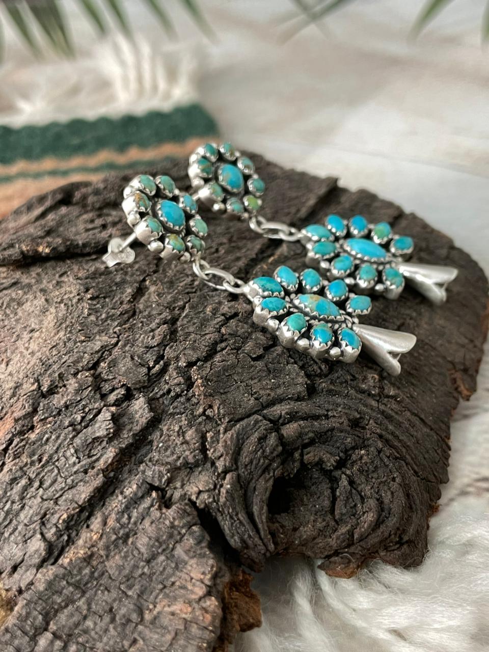 Handmade Sterling Silver Kingaman Turquoise Post Dangle Earrings "Signed Nizhoni"