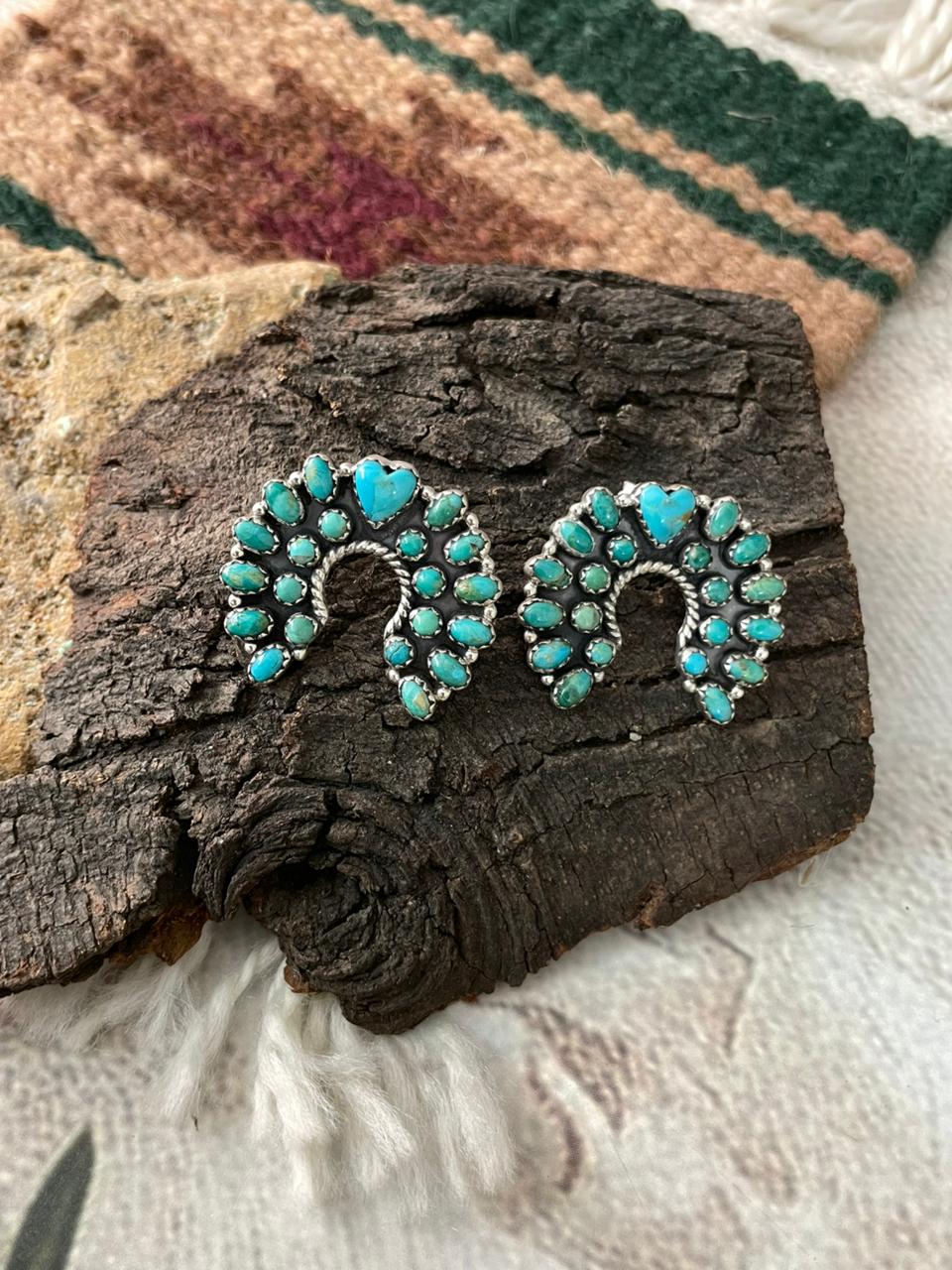 Handmade Sterling Silver Kingman Turquoise Post Studs Naja Earrings "Signed Nizhoni"