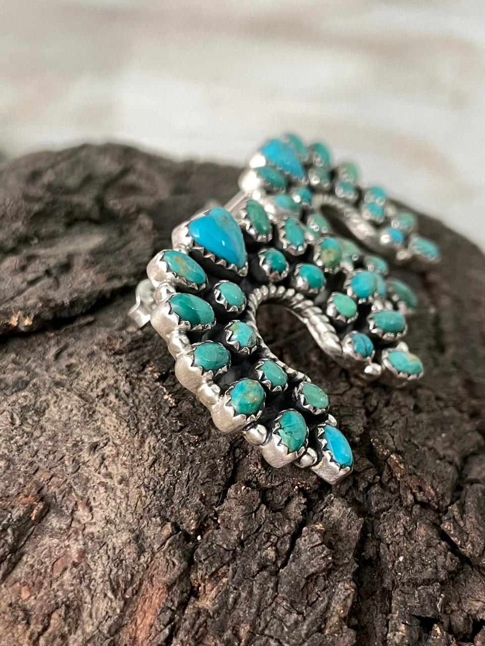Handmade Sterling Silver Kingman Turquoise Post Studs Naja Earrings "Signed Nizhoni"