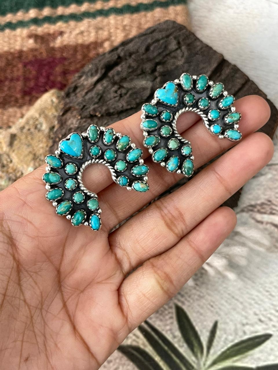 Handmade Sterling Silver Kingman Turquoise Post Studs Naja Earrings "Signed Nizhoni"