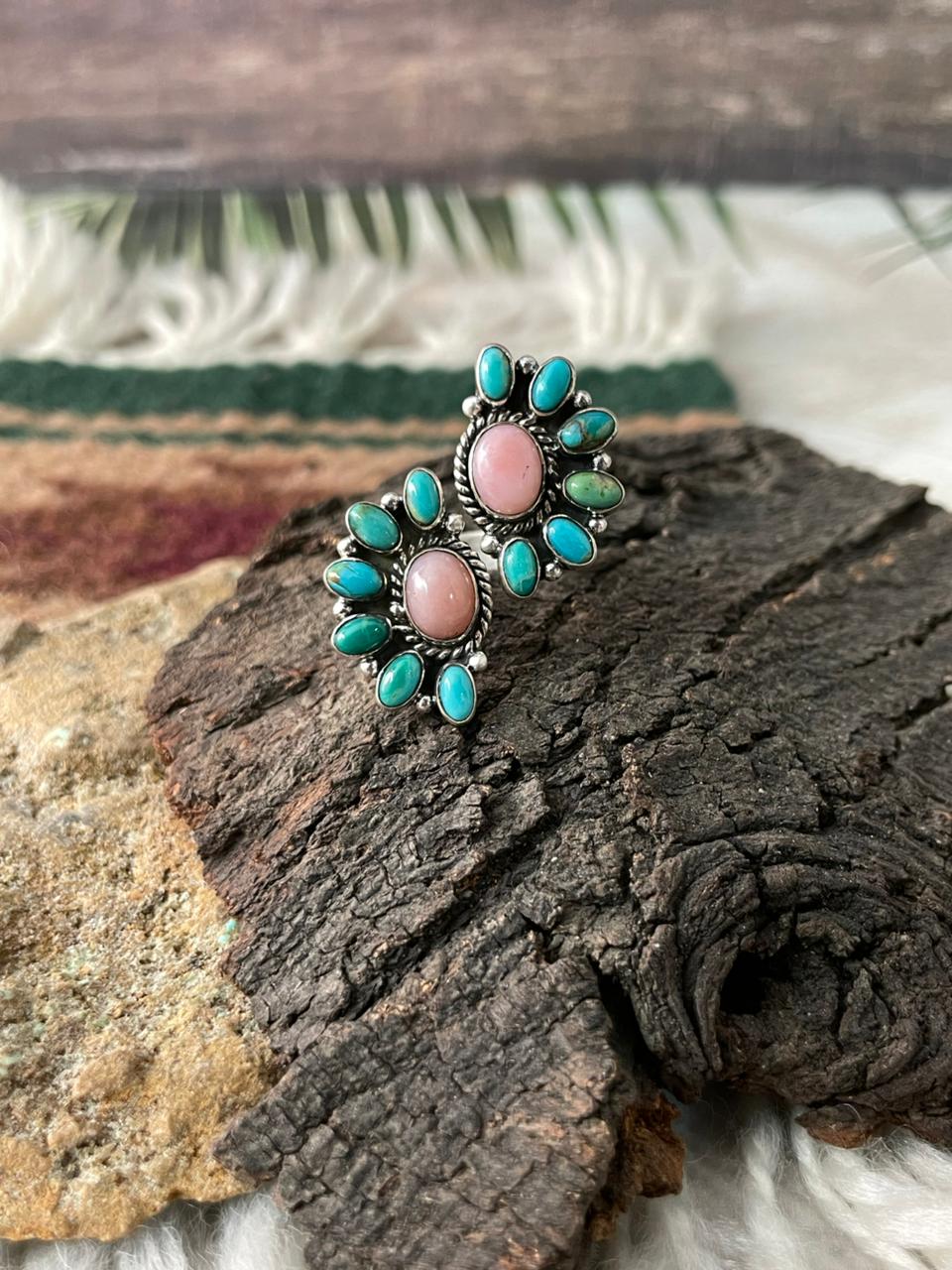 Handmade Sterling Silver Kingman Turquoise with Pink Opal Adjustable Ring "Signed Nizhoni"