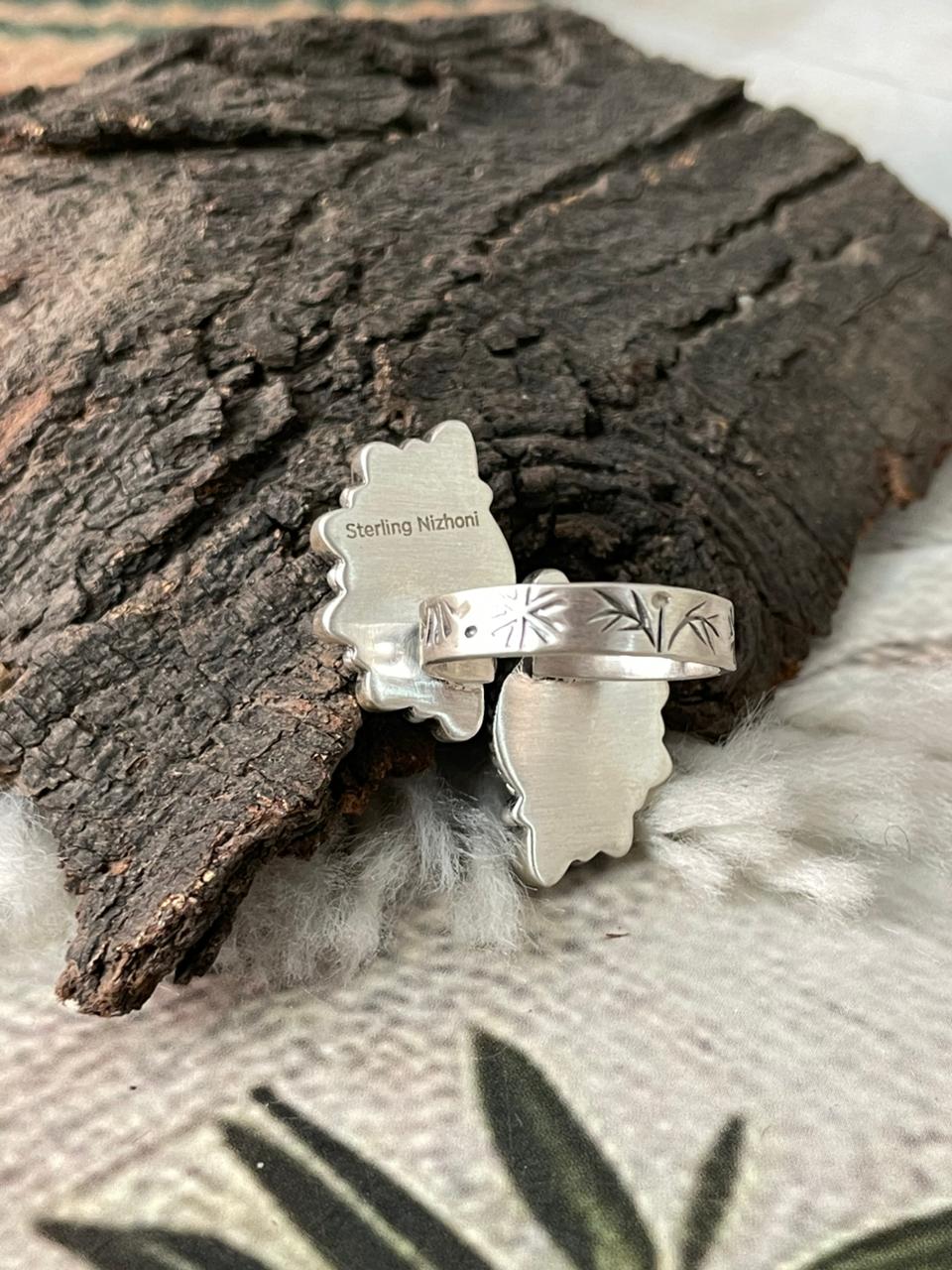 Handmade Sterling Silver Kingman Turquoise with Pink Opal Adjustable Ring "Signed Nizhoni"