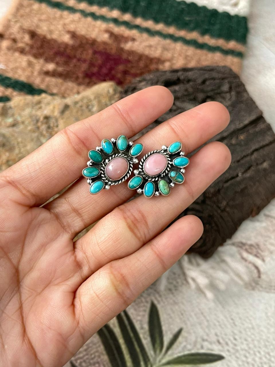 Handmade Sterling Silver Kingman Turquoise with Pink Opal Adjustable Ring "Signed Nizhoni"